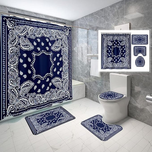 4 Piece Western Shower Curtain Waterproof White and Blue Geometric Line White Bandana Bathroom Sets with Non-Slip Rugs, Toilet Lid Cover and Bath Mat with Standard Size