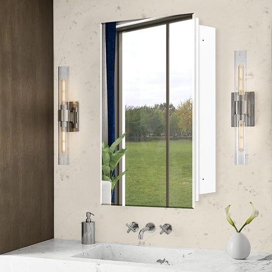 20"x26" Medicine Cabinet,HD Bathroom Mirror Cabinet with Beveled Mirror,Removeable Shelves, Recessed and Surface Mount,Frameless Bathroom Mirror with Storage