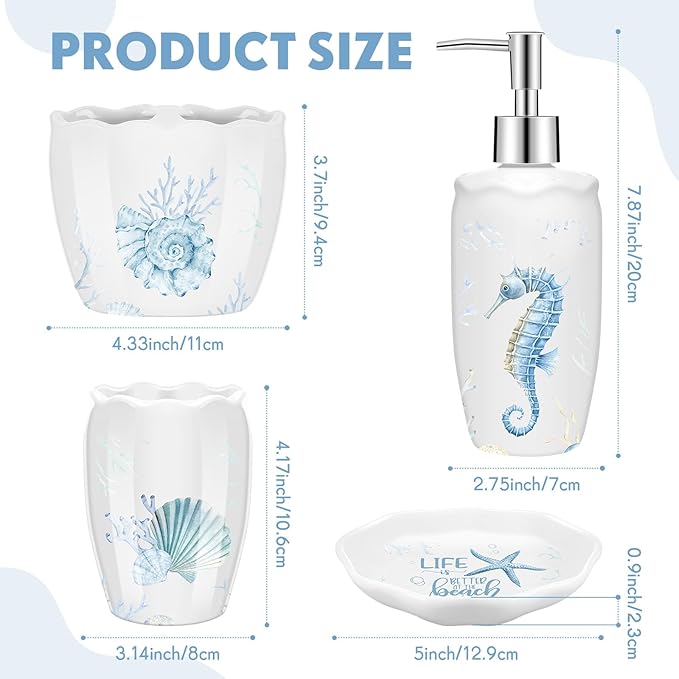 Vesici 4 Pcs Beach Bathroom Accessories, Ocean Animals Bathroom Decor, Under The Sea Tumbler, Soap Dispenser, Toothbrush Holder, Starfish Soap Dish for Ocean Beach Theme Decoration