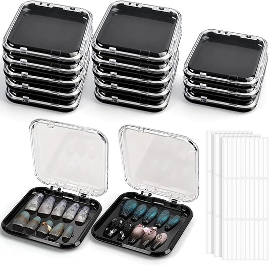 15 Pcs Press On Nail Packaging Box Press on Nail Storage Box for Press Ons with 90 Pcs Adhesive Double Sided Tape for Fake Nail Storage Case Nail Display Nail Salon Supplies (Black)