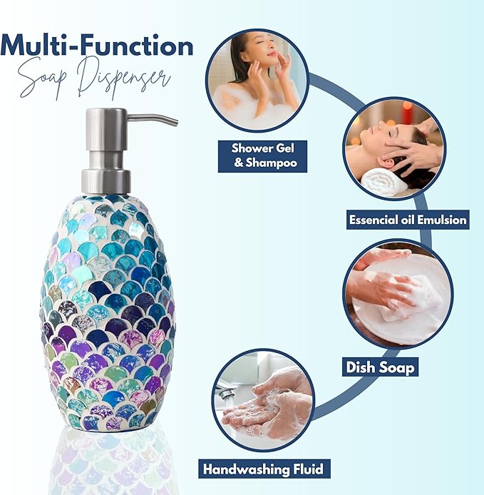 Escenzy Mermaid Bathroom Accessories Sets 4 Pcs | Luxurious Soap Dispenser, Toothbrush Holder, Cotton Glass Jar, Soap Tray | Mermaid Bathroom Decor | Modern Mosaic Glass Bathroom Accessories