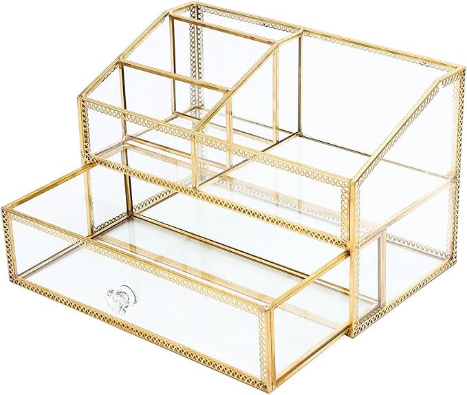 Vintage Gold Makeup Organizer - Glass Makeup Organizer Countertop Organizer for Make-Up Brushes Vanity, Tabletop Organizer Display Case for Bathroom, Vanity, Drawers GJB002