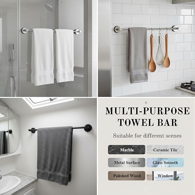 Suction Cup Towel Bar 17-28 Inch Adjustable Retractable Stainless Steel Towel Rack for Bathroom, RV & Renters - No Drill Heavy Duty Wall Mounted Holder, Removable for Glass & Tile (1, Black)