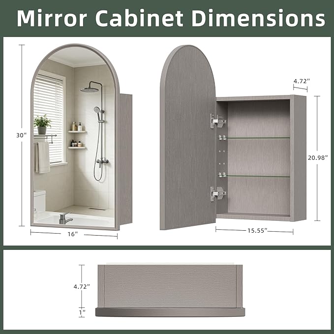 Full Aluminum Wood Grain Medicine Cabinet, Waterproof Rustproof Bathroom Vanity Storage with Adjustable Shelves, Natural Oak (Gray, 16x30)