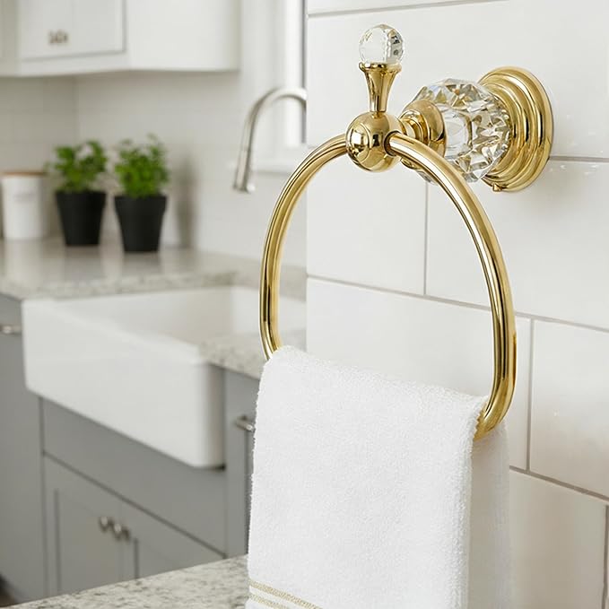 Crystal Towel Ring,Gold Hand Towel Holder Bathroom,Polish Gold Hand Towel Ring Round Towel Holder Wall Mounted Bathroom Accessories