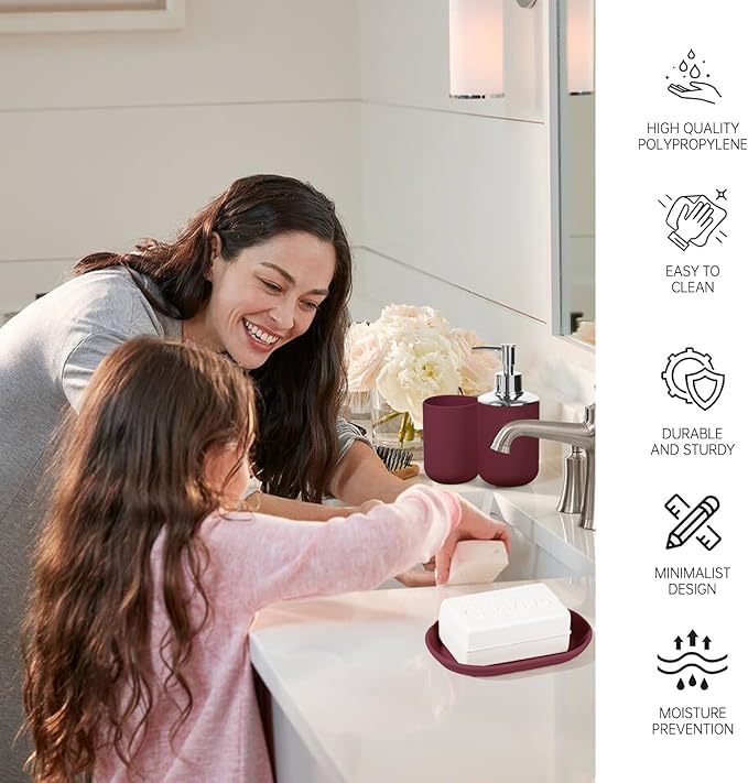 Bathroom Accessory Set, 4 Pcs Plastic Bathroom Set Include Soap Dispenser, Soap Dish, Toothbrush Holder, Mousewash Cup, Modern Bahtroom D??cor Set, Space Save for Bathroom(Burgundy)