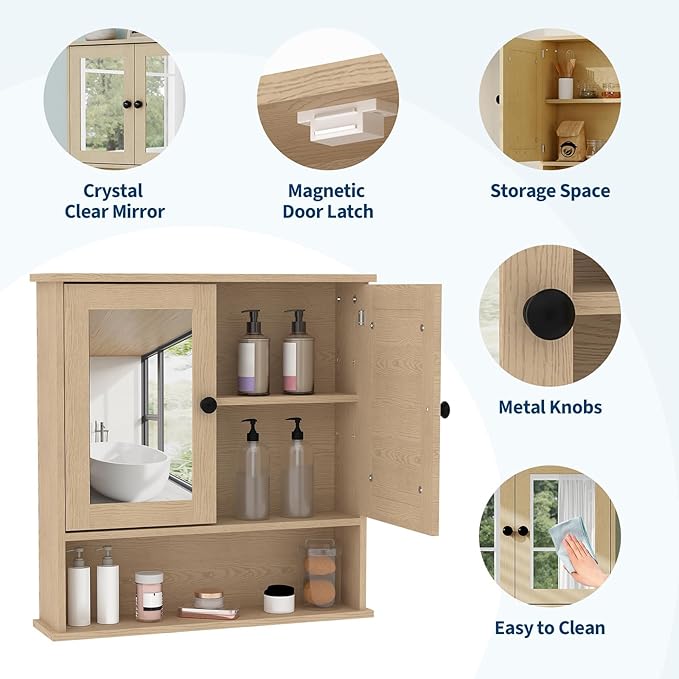 Bathroom Wall Cabinet with Mirrored Doors – Slim Medicine Cabinet with Adjustable Shelf – 2.2x23x5.1 Inch Compact Wall Cabinet for Bathroom, Kitchen, Laundry Room, Entryway