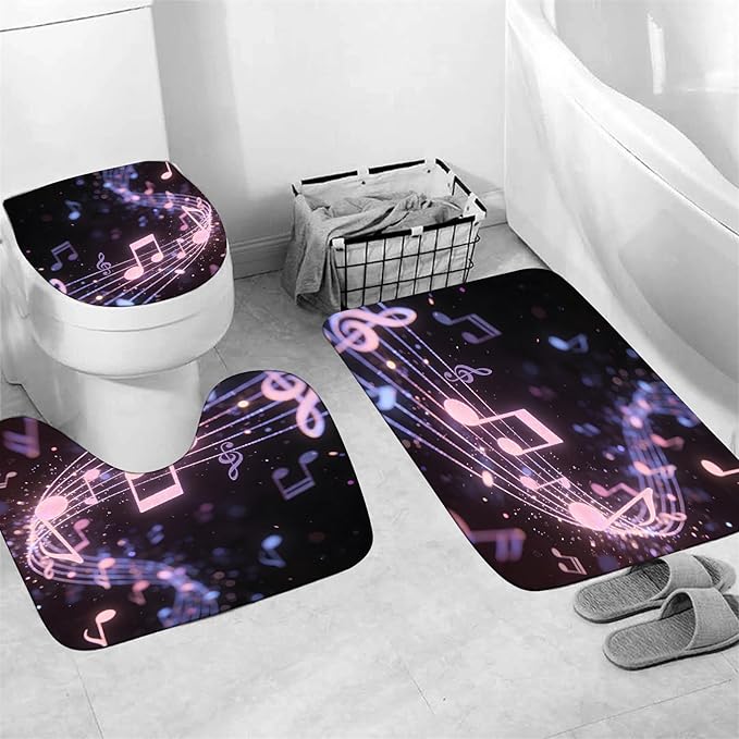 AZHM Glitter Music Note Shower Curtain Set 4 PCS Modern Black Purple Bathroom Decor Set with Non-Slip Bath Rugs, Toilet Lid Cover & U-Shaped Mat