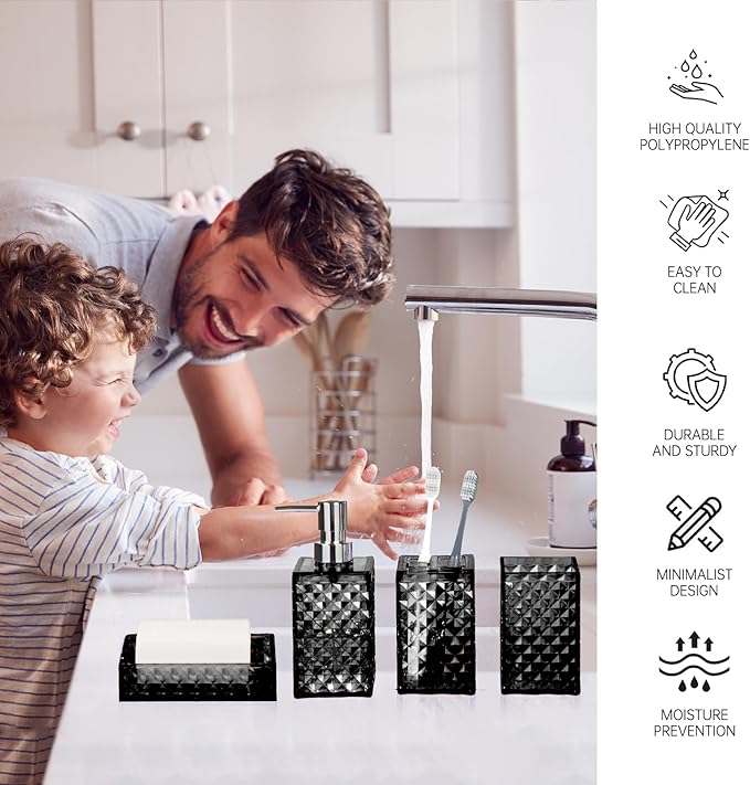 Bathroom Accessory Set, Grid Pattern 4 Pcs Plastic Bathroom Set Include Soap Dispenser, Soap Dish, Toothbrush Holder, Mousewash Cup, Modern Bahtroom D??cor Set, Space Save for Bathroom(Black)