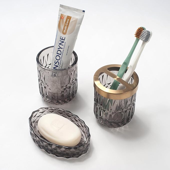IVAILEX 5PCS Grey Glass Bathroom Accessories Sets of Lotion Dispenser, Soap Dish, Toothbrush Holder, Tumbler, Cotton Swab Jars, Modern Bath Decor, Vintage Gift