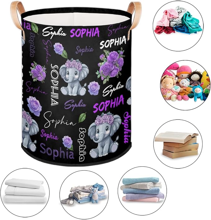 Custom Elephant Laundry Hamper, Personalized Laundry Baskets with Handles Dirty Clothes Hamper Storage Basket