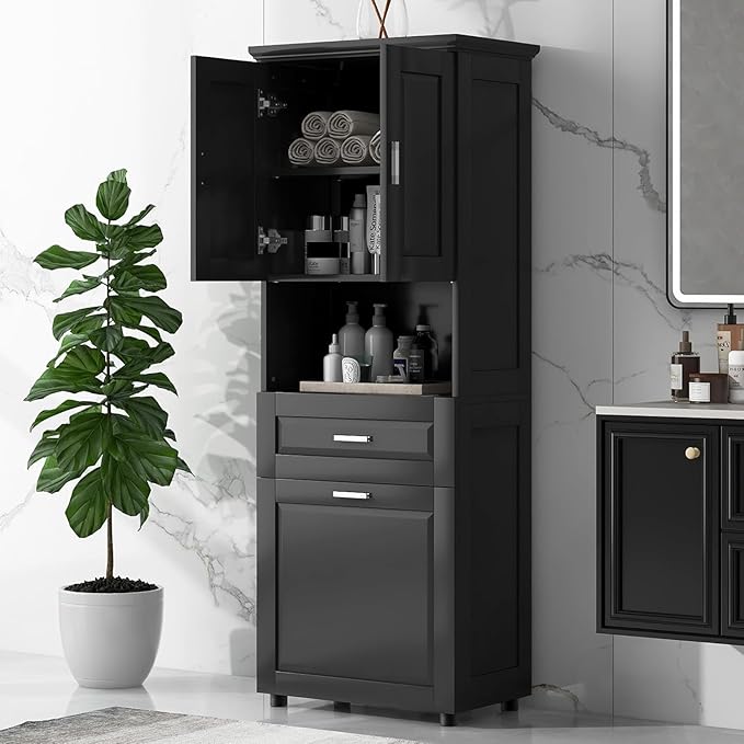 Virubi Laundry Cabinet with Tilt Out Laundry Hamper and Drawer, Wood Tall Bathroom Storage Cabinet with Doors and Adjustable Shelves, Freestanding (Black)