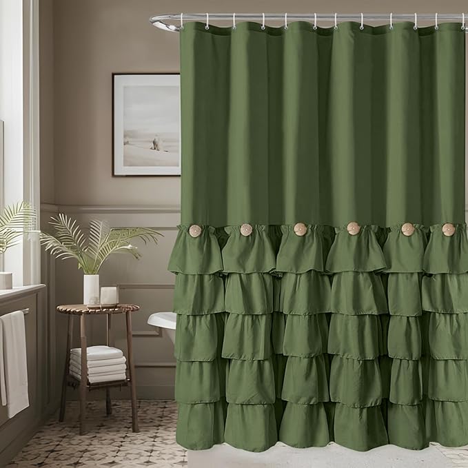 Seasonwood Sage Green Shower Curtain for Bathroom Cute Ruffle Shower Curtain 72 X 84 Inches Farmhouse Shower Curtains with Buttons & Green Ruffles
