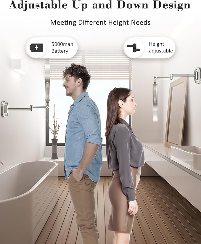 9'' 30X/1X Wall Mounted Lighted Makeup Mirror, Height Adjustable Double Sided 5000mAh Rechargeable Magnifying Bathroom Mirror with Light, 3 Color Modes Touch Dimmable Extended Arm 360 Rotation