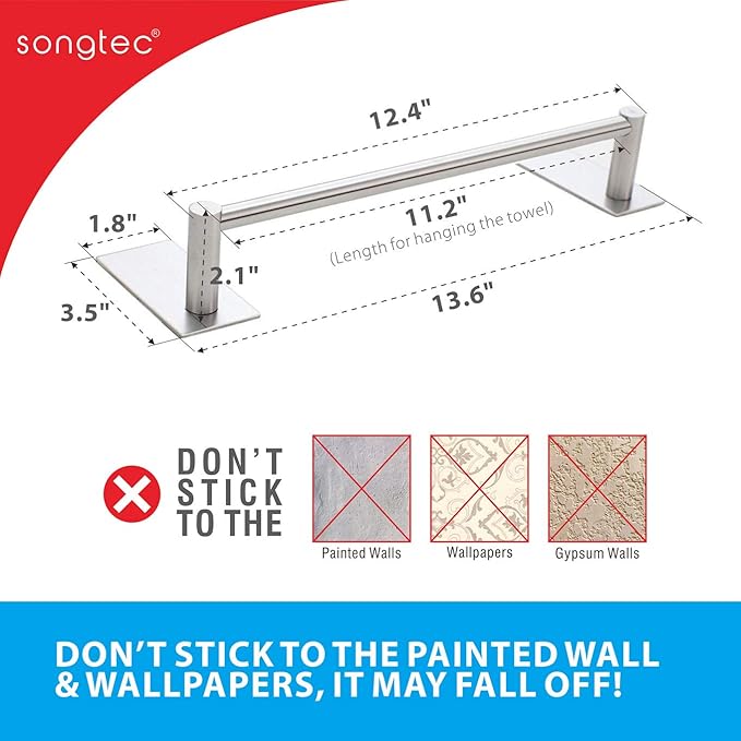 Songtec Adhesive Towel Bar 12inch Brushed, Stick On Bath Towel Rack Easy Install, NO Drilling on Walls, Premium SUS304 Stainless Steel - Brushed