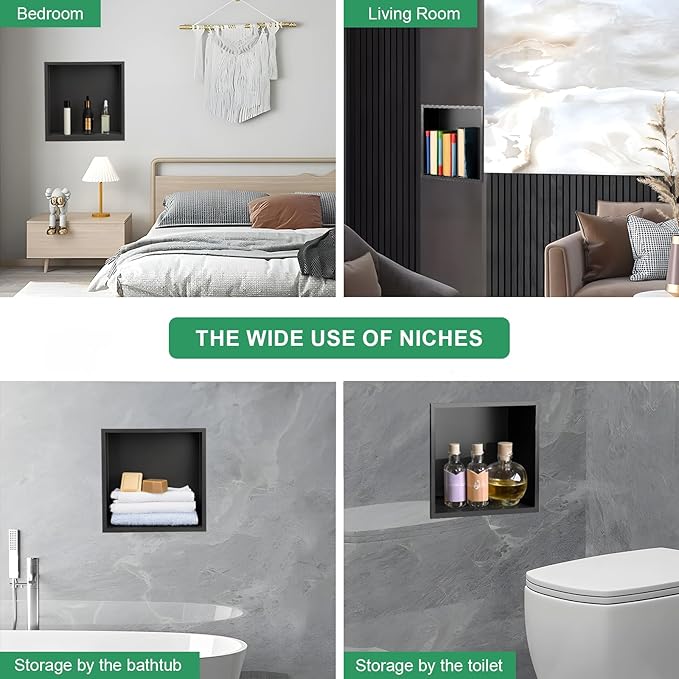 SaniteModar Shower Niche, Stainless Steel Shower Niche No Tile Needed, Recessed for Bathroom Storage (Matte Black, 12x12)