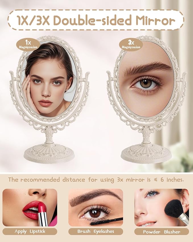 XPXKJ Vintage Vanity Mirror Shabby Chic Decor | 360° Rotating Double-Sided Table Makeup Mirror with Stand Bedroom Decoration Perfect for Tabletop, Desk, or Makeup Station