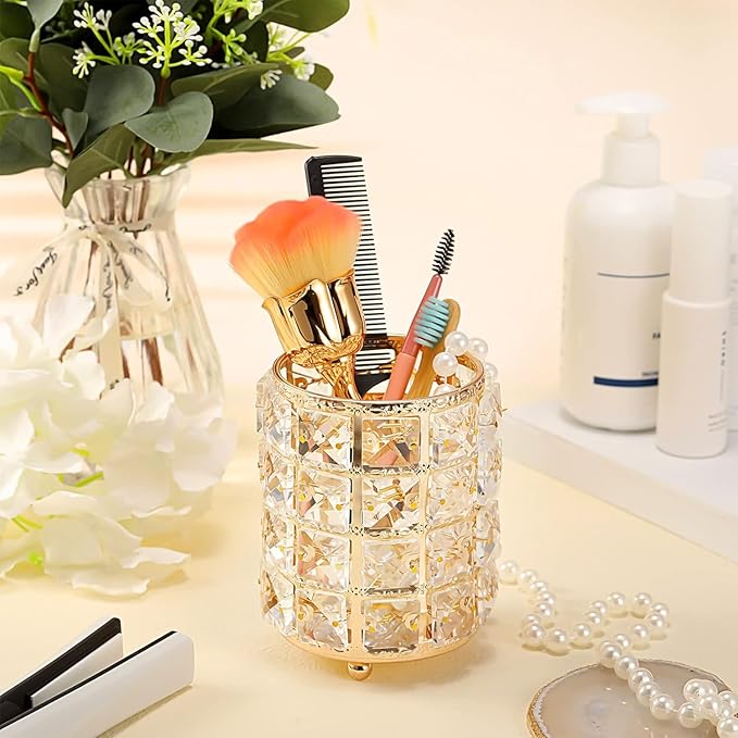 AKOAK 1 Pack Crystal Makeup Brush Holder Office Supplies Storage Rack Eyebrow Pencil/Lipstick/Pencil Makeup Container, Dressing Table, Bedroom, Office (Gold)