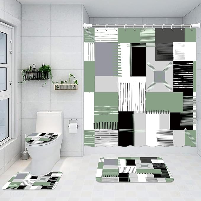 All Smiles Sage Green Shower Curtain Sets with Non-Slip Rugs,Toilet Lid Cover and Bath Mat, Black and Green Bathroom Decor Set Accessories Waterproof Shower Curtains