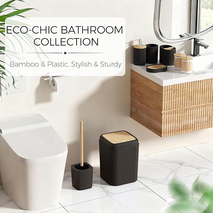 Bathroom Accessories Set - Black Bathroom Set with Shower Curtain and Rugs, Trash Can, Toilet Brush with Holder, Soap Dispenser, Toothbrush and Toothpaste Holder, Cup, Soap Dish, Qtip Holders, Hooks