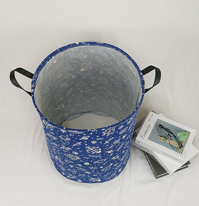 KUNRO Round Laundry Gift Basket Storage Hamper, Clothes Storage Organizer Bins, Shelf Basket with Handles for Room Decor (navy Spaceship)
