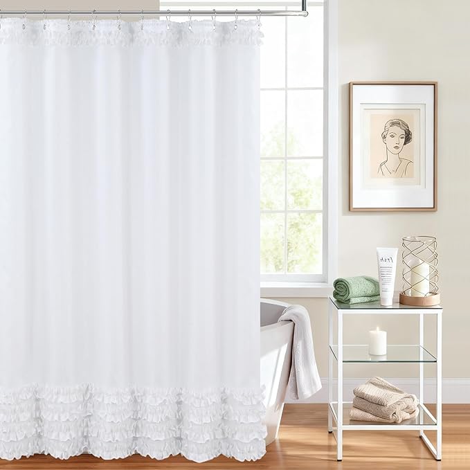 White Ruffle Shower Curtain, Girls Women Fabric Shower Curtain with Delicate Handcrafted Ruffles, Waterproof Ruched Farmhouse Decorative Bathroom Curtain, 72" W x 72" H