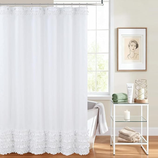 White Ruffle Shower Curtain, Girls Women Fabric Shower Curtain with Delicate Handcrafted Ruffles, Waterproof Ruched Farmhouse Decorative Bathroom Curtain, 72" W x 72" H