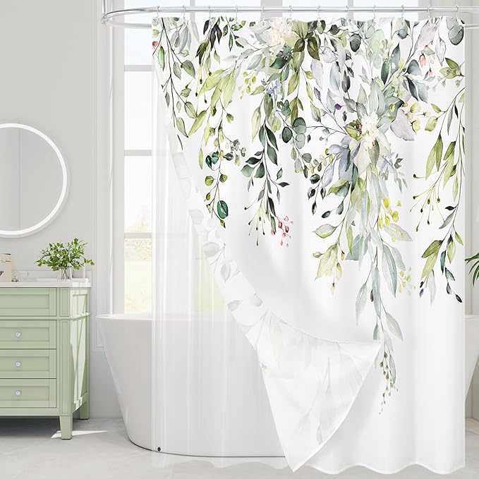 Gibelle 3 in 1 Shower Curtain Set, 72x72 Sage Green Eucalyptus Bath Curtain and PEVA Liner Set with 12 Metal Hooks, Waterproof Fabric Bathroom Curtain