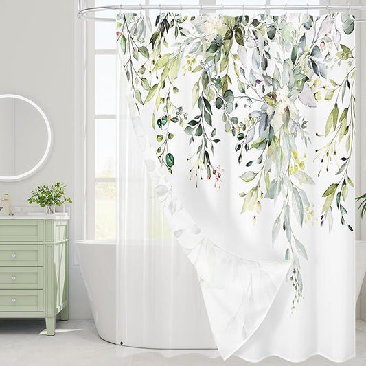 Gibelle 3 in 1 Shower Curtain Set, 72x72 Sage Green Eucalyptus Bath Curtain and PEVA Liner Set with 12 Metal Hooks, Waterproof Fabric Bathroom Curtain