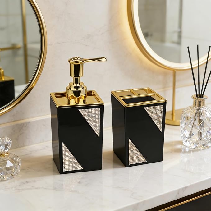 Bathroom Accessories Set, Square 2-Piece Black Soap Dispenser & Toothbrush Holder with Sparkling Inlaid Diamonds, Modern Geometric Vanity Set
