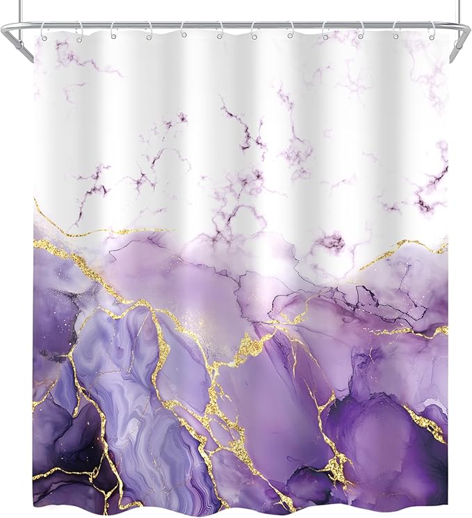 Cinbloo 4Pcs Purple Marble Shower Curtain Set, Abstract Lilac Gold Cracked Lines Modern Minimalist Bathroom Curtain with Rug, Toilet Lid Cover, Bath Mat, Luxury Aesthetic Shower Curtain with 12 Hooks