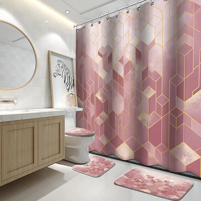 Lnond 4Pcs Bathroom Sets with Shower Curtain and Rugs, Pink Bathroom Shower Curtain Sets, Pink Gradient Modern Bathroom Decor Sets with Rugs and Accessories