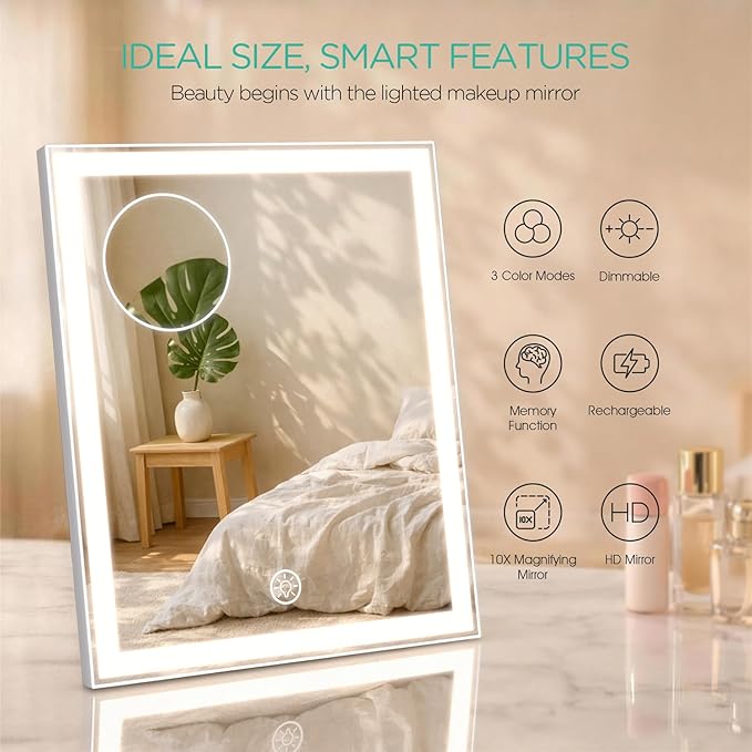 VOYOR Vanity Mirror with Lights, 11.8"x9.8" LED Makeup Mirror, 3 Light Modes, 10X Magnification, Smart Touch Control, Rechargeable Lighted Makeup Mirror for Bedroom Bathroom Dressing Room
