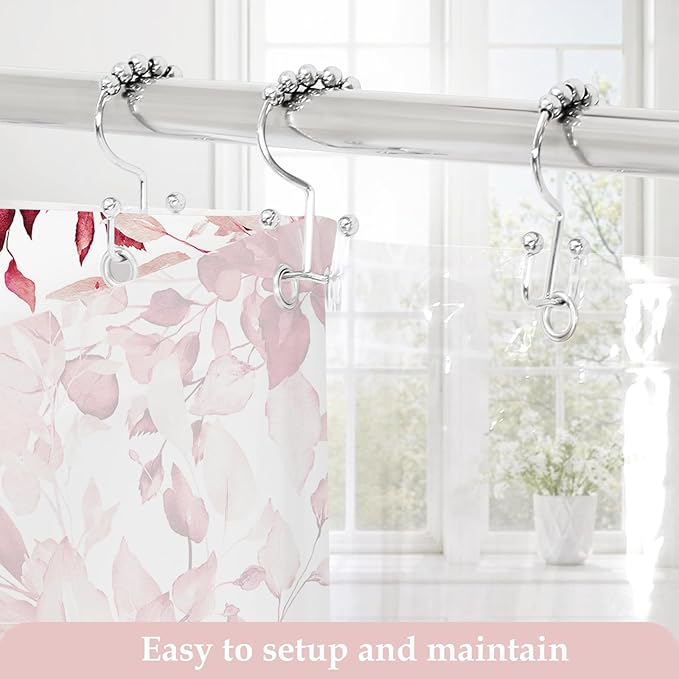 Gibelle 3 in 1 Shower Curtain Set, 72x72 Pink Eucalyptus Bath Curtain and PEVA Liner Set with 12 Metal Hooks, Waterproof Fabric Bathroom Curtain