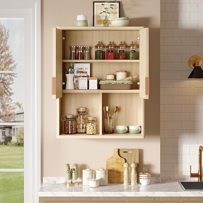Besiter Fluted Bathroom Wall Cabinet, 23"x 29" Wall Mounted Medicine Cabinet with 2 Doors & Adjustable Shelves, Over The Toilet Storage Cabinet for Laundry Rroom, Kitchen & Living Room, Natural Oak
