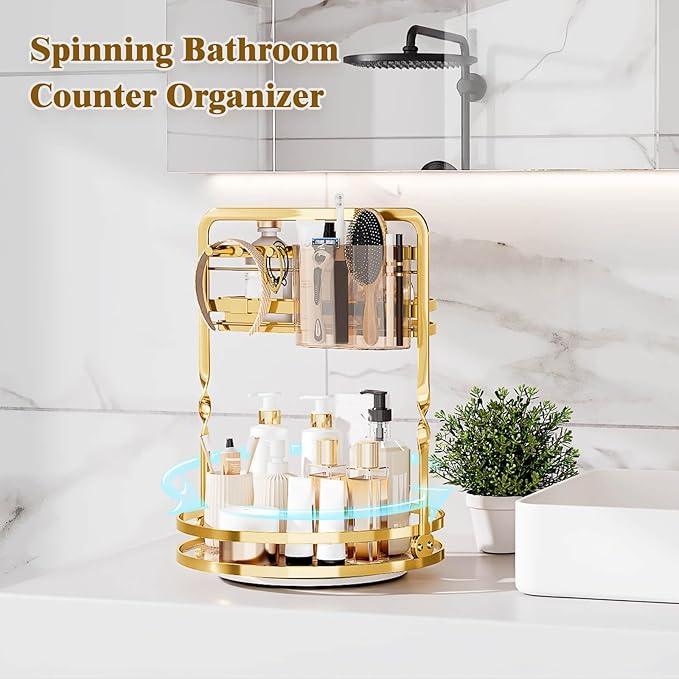 360 Rotating Makeup Organizer, Gold Perfume Organizer, 2 Tier Bathroom Counter Organizer, Multi-Function Spinning Skincare Storage, Cosmetic Display Case with Brush Holder for Vanity Dresser