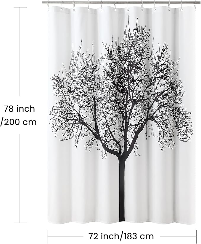 Long Fabric Shower Curtain, Black Tree Plant Shower Curtains for Bathroom, Modern Decorative Bathroom Curtains, 72" W x 78" H