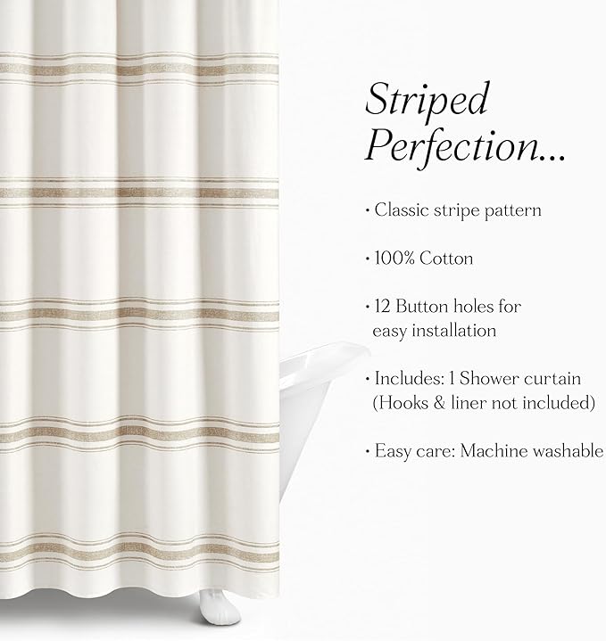 Lush Decor Farmhouse Stripe Cotton Shower Curtain, 72" W x 72" L, Neutral - Striped Bathroom Curtain - Fabric Shower Curtains - Farmhouse Bathroom Decor