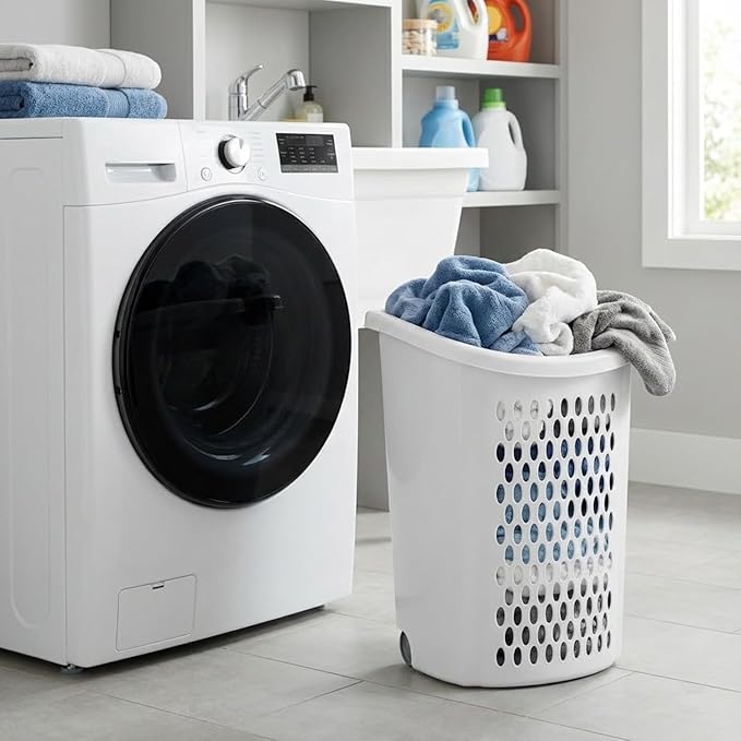 Laundry Hamper with Wheels and Lid, 2-Bushel Capacity, Plastic, White, Rolling Basket with Handle