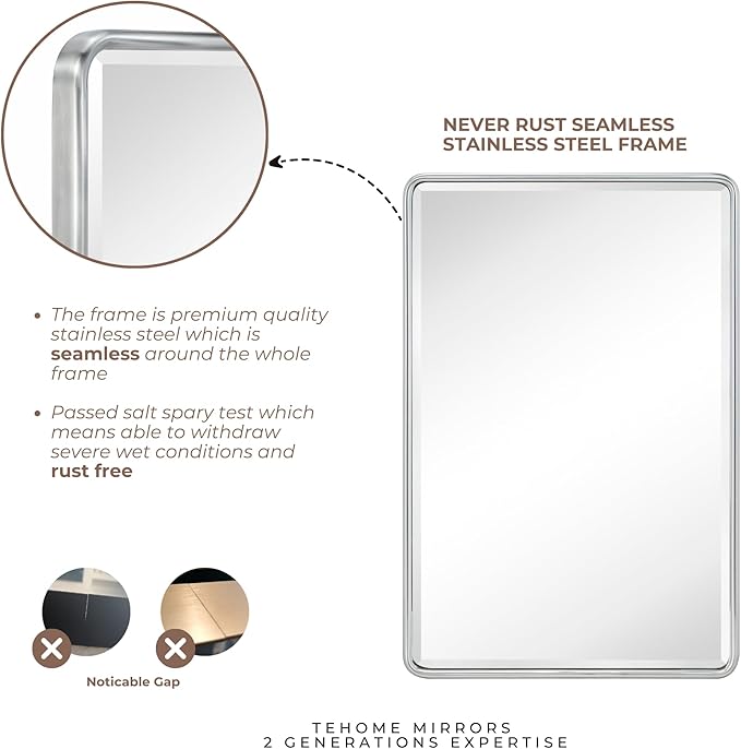 TEHOME Surface Mount 16x24 Brushed Nickel Bathroom Medicine Cabinet with Mirror Metal Framed Rounded Rectangle Medicine Cabinet with Beveled Mirror