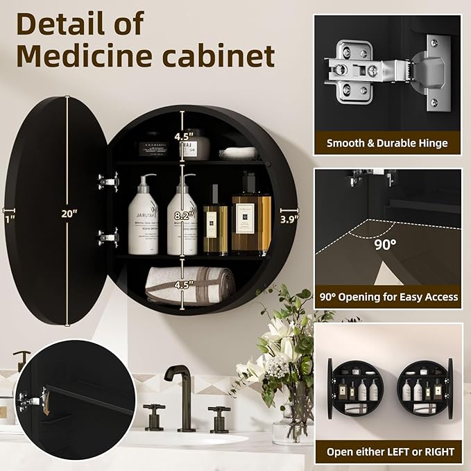 20 x 20 Inch Round Medicine Cabinet Mirror Black,Circular Bathroom Mirror with Storage Wall Mounted,Metal Framed Medicine Cabinets with Tempered Glass Adjustable Shelves for Bathroom Vanity