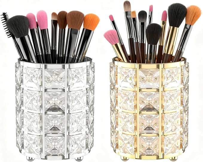 LUGUNU Makeup Brush Holder with Golden Silver Crystal Bling ?€? Elegant Vanity Organizer for Brushes, Pens & Pencils, Ideal for Bathroom or Office Countertop(2Pack)