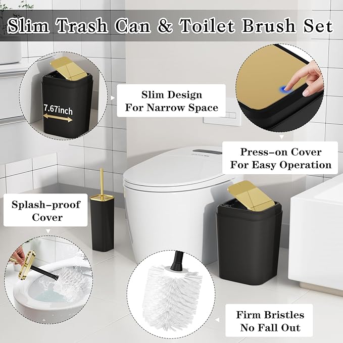 Bathroom Set — Black Bathroom Accessories Set, 11PC Bathroom Accessory Set, Black Bathroom Set with Push-lid Trash Can, 3PC Soap Dispensers, Toilet Brush & Qtip Holders