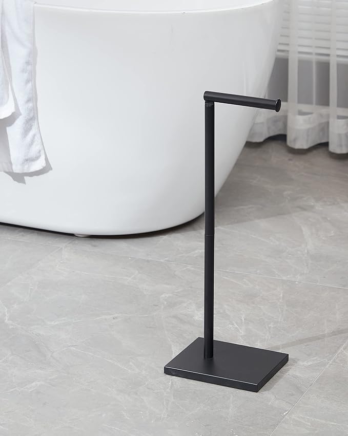 Free Standing Bathroom Toilet Paper Holder Stand with Reserve, Stainless Steel Pedestal Tissue Roll Holder, Black DECLUTTR