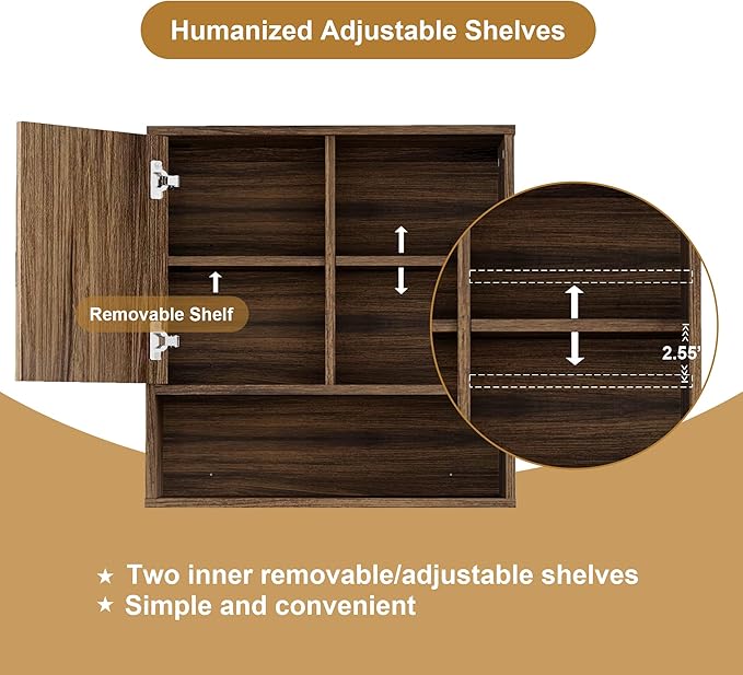 Farmhouse Bathroom Wall Cabinet Fluted,Medicine Cabinet Over The Toilet Storage Cabinet with Adjustable Shelf, Wood Wall Mounted Storage Cabinet Organizer 23.2Wx24Hx7.6D (Dark Walnut, Medium)