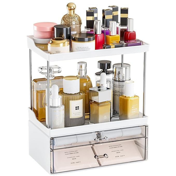 Yieach Acrylic Makeup Organizer Countertop,Large Skincare Organizer for Dresser Top,Plastic Bathroom Counter Organizers and Storage for Beauty,Cosmetic,Hair Products,Lotion and Perfume Organizer,White