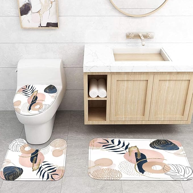 FZDHHY 4PCS Boho Cute Shower Curtains Set Modern Abstract Bathroom Set with Rugs, Minimalist Bathroom Decor Accessories Waterproof for Bathroom with Mat