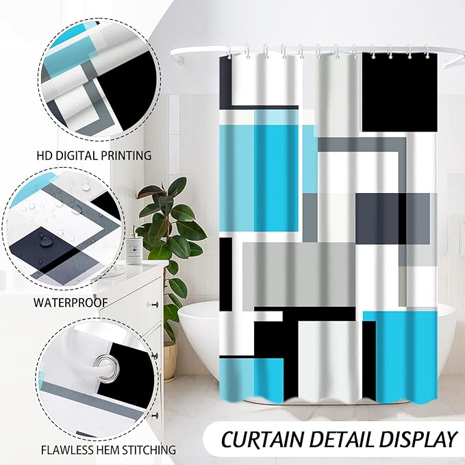 Lnond Blue Bathroom Set, 23-Piece Blue Black Geometric Bathroom Decor Set with with Shower Curtain and Rugs, Trash Can, Toilet Brush Holder Set & Soap Dispenser