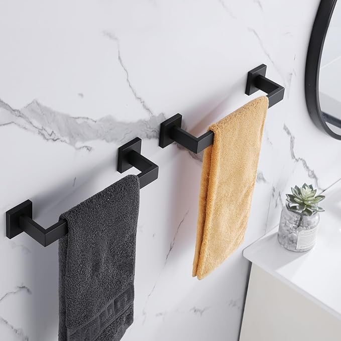 LANC 2 Pack 16-Inch Bathroom Towel Bars, Total-18 Bathroom Square Towel Racks, Kitchen Hand Towel Holders SUS304 Stainless Steel Wall Mount Towel Hanger Towel Rods, Matte Black A8804-4MB