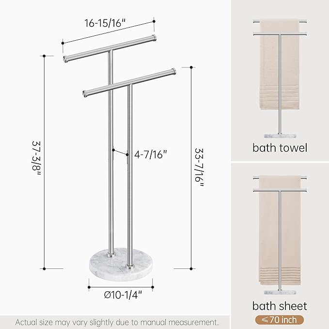 KES Standing Towel Rack for Bathroom Floor with 10.5 Lbs Natural Marble Base, 2-Tier Free Standing Towel Rack Double T-Shape, 18/8 Stainless Steel, Brushed Finish, BTH237A-2